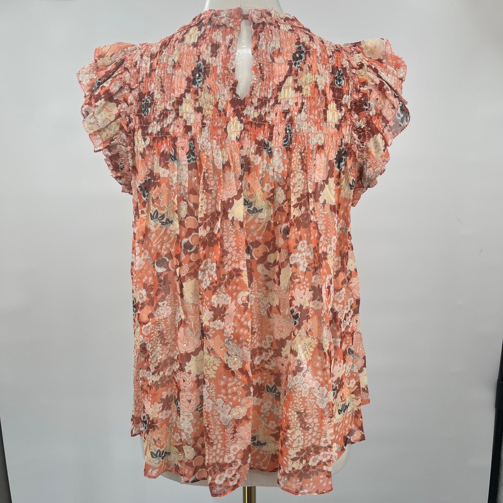 Ulla Johnson Blouse Womens Size 0 Orange Floral Silk Smocked Metallic Top - Picture 3 of 13